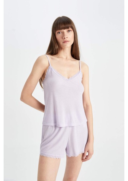 Pijama Takımı Ribana Askılı Pijama Üstü Esnek Belli Şortlu Pijama Altı-Fall in Love C7996AX24HS
