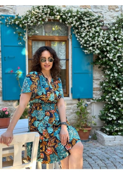 Lastikli Çiçek Desen Poplin Elbise