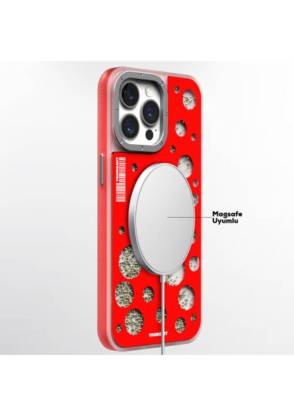 Apple iPhone 15 Pro Uyumlu Kılıf Magsafe Şarj Özellikli Youngkit Quicksand Beads Serisi Kapak Kırmızı fırsatları