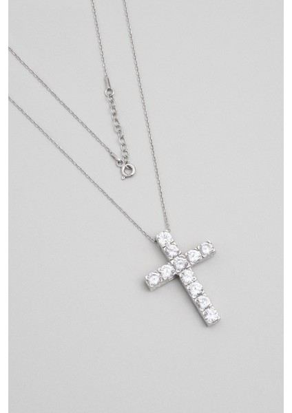 Beyaz Taşlı 18 Ayar Beyaz Altın Kaplama 43 cm Gümüş Haç Kolye