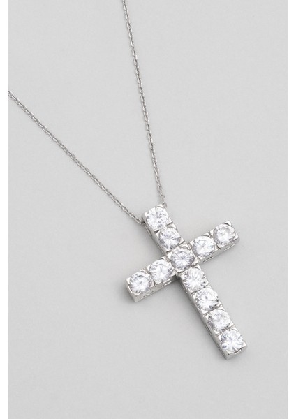 Beyaz Taşlı 18 Ayar Beyaz Altın Kaplama 43 cm Gümüş Haç Kolye fiyatları