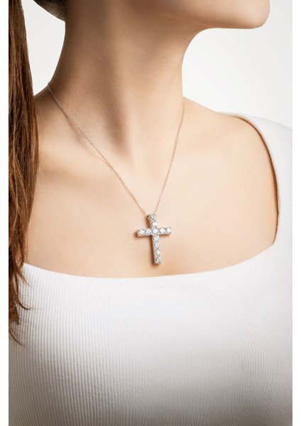 Beyaz Taşlı 18 Ayar Beyaz Altın Kaplama 43 cm Gümüş Haç Kolye modelleri