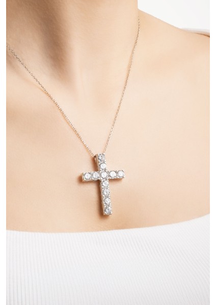 Beyaz Taşlı 18 Ayar Beyaz Altın Kaplama 43 cm Gümüş Haç Kolye fırsatları