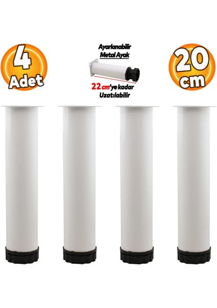Ayarlanabilir Mobilya Kanepe Baza Koltuk Metal Destek Yükseltici Beyaz Ayağı Ayakları 20 cm 4 Adet