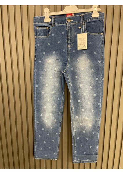 OV-7073 Kız 8-12 Yaş Kalp Baskılı Kot Pantolon