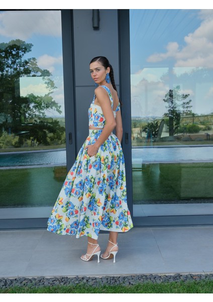 Cepli Desenli Uzun ravello etek Mavi modelleri