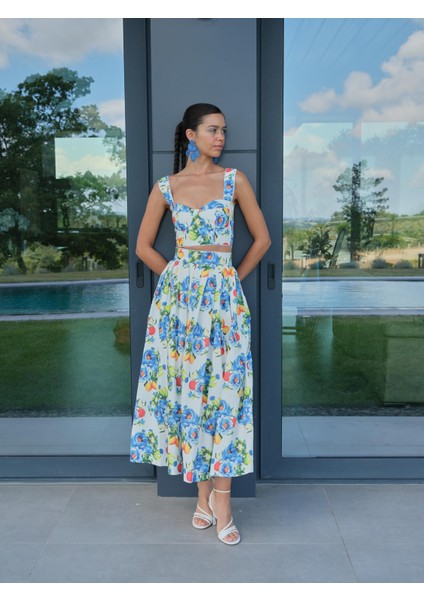 Uzun Desenli Ravello Etek Mavi Renk Cepli Poplin Kadın Modası