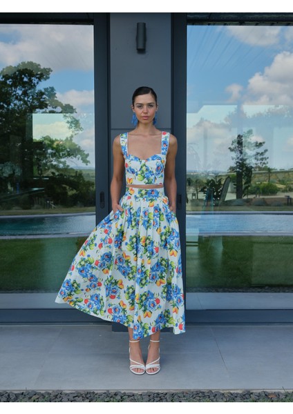 Uzun Desenli Ravello Etek Mavi Renk Cepli Poplin Kadın Modası fiyatları