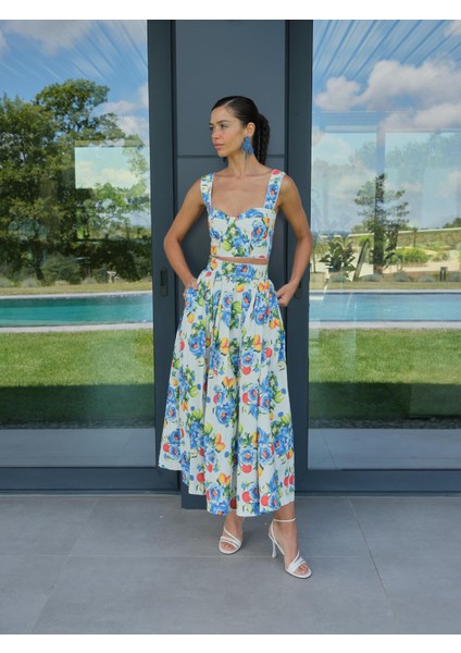 Uzun Desenli Ravello Etek Mavi Renk Cepli Poplin Kadın Modası fırsatları