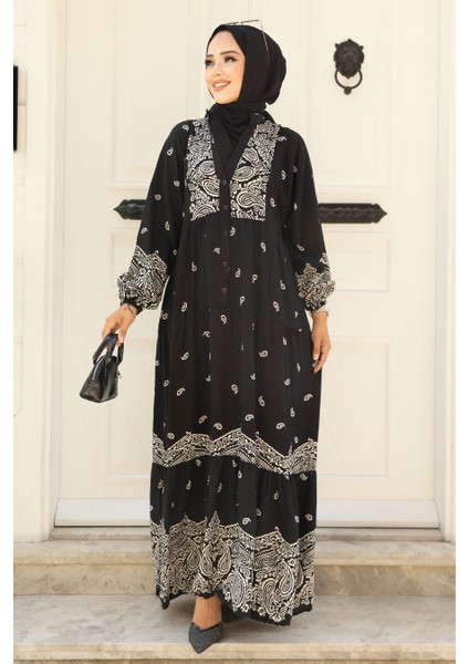 Desenli Siyah Tesettür Elbise 51751S