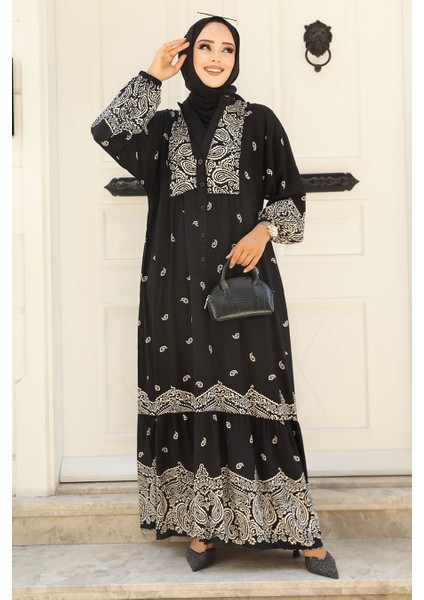 Desenli Siyah Tesettür Elbise 51751S fiyatları