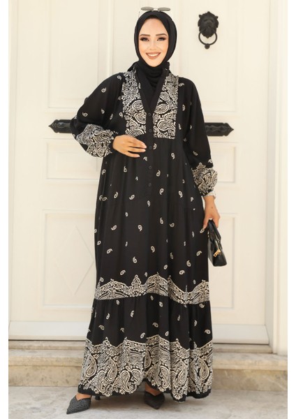 Desenli Siyah Tesettür Elbise 51751S modelleri
