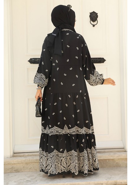 Desenli Siyah Tesettür Elbise 51751S fırsatları