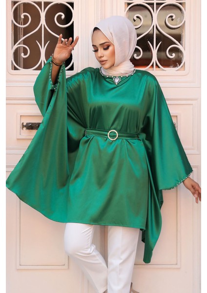 Yarasa Kol Yeşil Tesettür Saten Tunik 41443Y