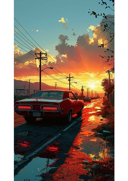 Günbatımı Araba Illustrasyon Poster 30X42 cm Çerçevesiz