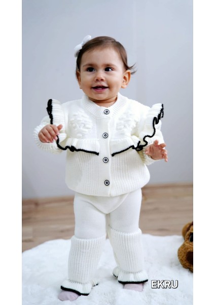 Kız Bebek Fırfır Detaylı Hırkalı Pantolonlu 2'li Triko Takım