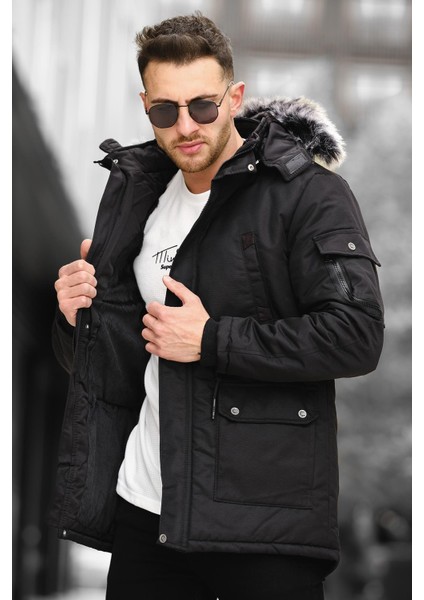 Remo Içi Kürklü Kapüşonlu Kanvas Uzun Kaban Parka