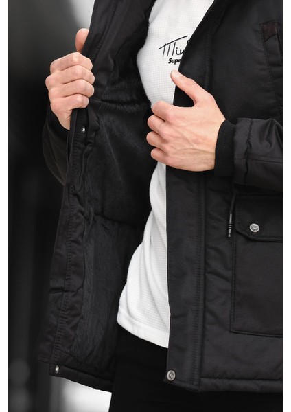 Remo Uzun Kapüşonlu Kürklü Kaban Erkekler İçin Şişme Kanvas Düz Siyah fiyatları