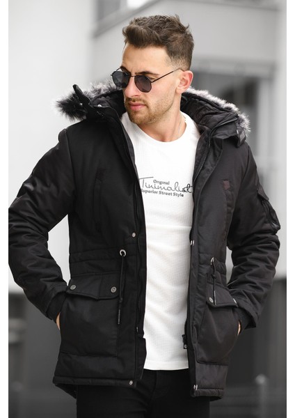 Remo Uzun Kapüşonlu Kürklü Kaban Erkekler İçin Şişme Kanvas Düz Siyah modelleri