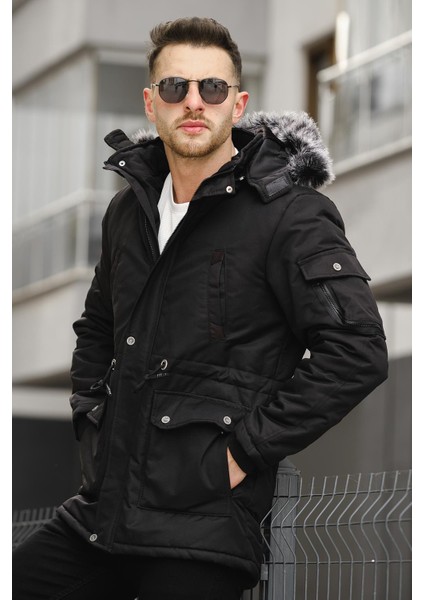 Remo Uzun Kapüşonlu Kürklü Kaban Erkekler İçin Şişme Kanvas Düz Siyah indirimleri