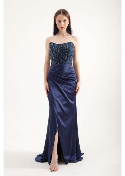 Kadın Lacivert Balen Korse Detaylı Taşlı Uzun Abiye Elbise