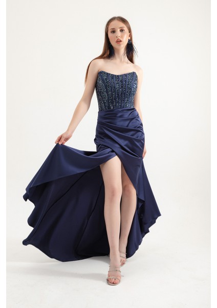 Kadın Lacivert Balen Korse Detaylı Taşlı Uzun Abiye Elbise fiyatları