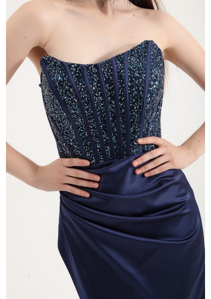 Kadın Lacivert Balen Korse Detaylı Taşlı Uzun Abiye Elbise fırsatları