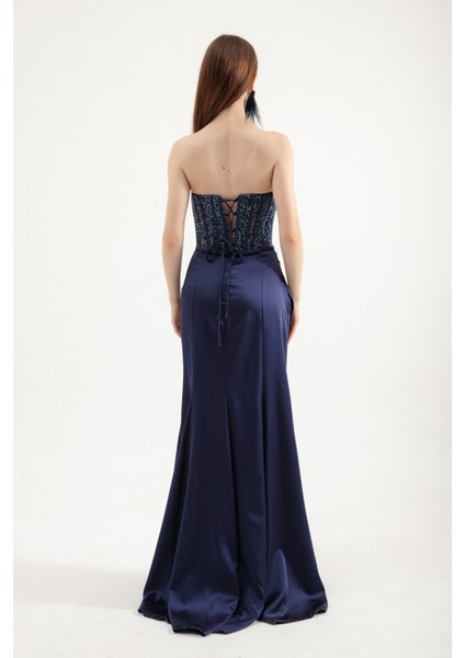 Kadın Lacivert Balen Korse Detaylı Taşlı Uzun Abiye Elbise indirimleri