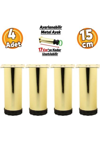 Ayarlanabilir Mobilya Kanepe Baza Koltuk Metal Destek Yükseltici Ayağı 15 cm Gold Ayakları 4 Adet