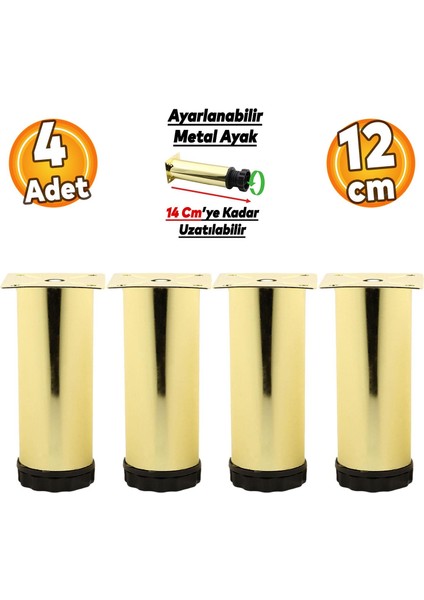 Ayarlanabilir Mobilya Kanepe Baza Koltuk Metal Destek Yükseltici Ayağı 12 cm Gold Ayakları 4 Adet