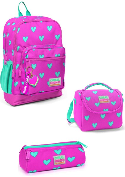 Kids Kalp Desenli Neon Pembe Su Yeşili Dört Bölmeli Okul Sırt Çantası 3SET23113