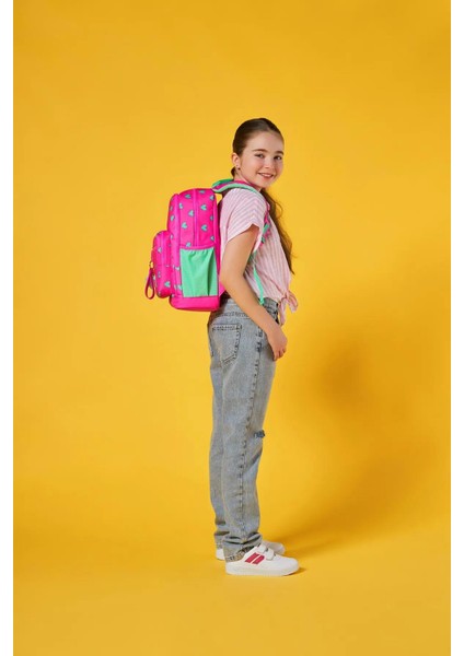 Kids Kalp Desenli Neon Pembe Su Yeşili Dört Bölmeli Okul Sırt Çantası T23113