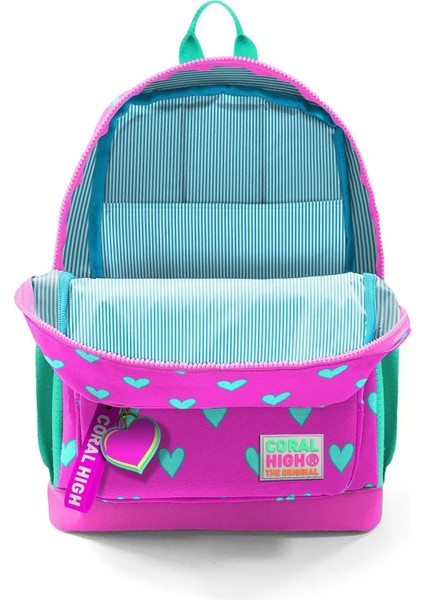 Kids Kalp Desenli Neon Pembe Su Yeşili Dört Bölmeli Okul Sırt Çantası T23113