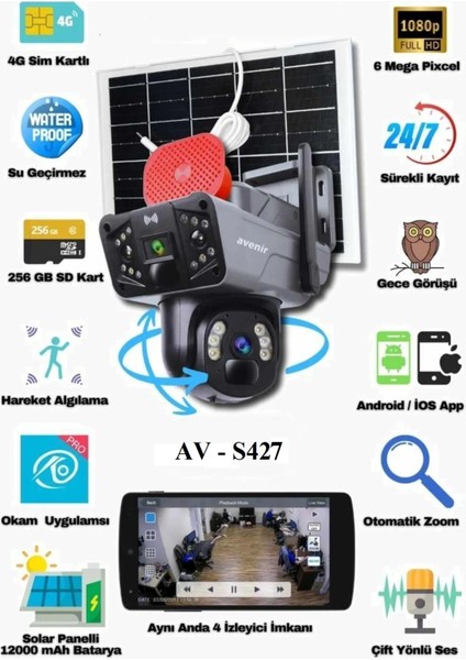 AV-S427 3mp+3mp = 6mp ve 2 Kameralı Solar Ptz 4g Sim Kartlı Güneş Enerjili Kamera