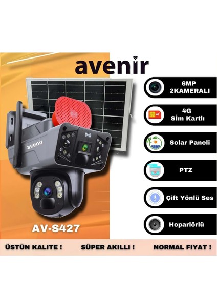 AV-S427 3mp+3mp = 6mp ve 2 Kameralı Solar Ptz 4g Sim Kartlı Güneş Enerjili Kamera