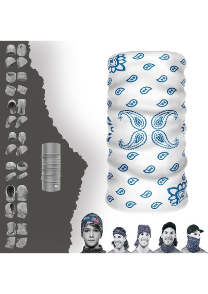 Beyaz Zemin Mavi Damla Desenli Tüp Boyunluk Baf Bandana Maske