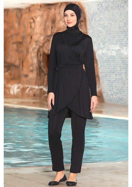 3'lü Pareolu Likralı Tam Kapalı Tesettür Mayo 1252/01 Siyah