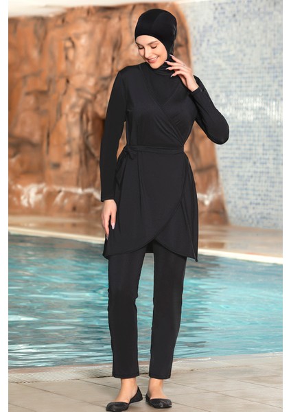 3'lü Pareolu Likralı Tam Kapalı Tesettür Mayo 1252/01 Siyah indirimleri