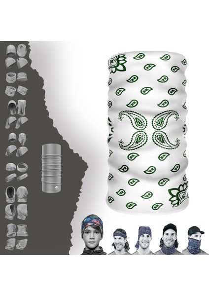 Beyaz Zemin Yeşil Damla Desenli Tüp Boyunluk Baf Bandana Maske