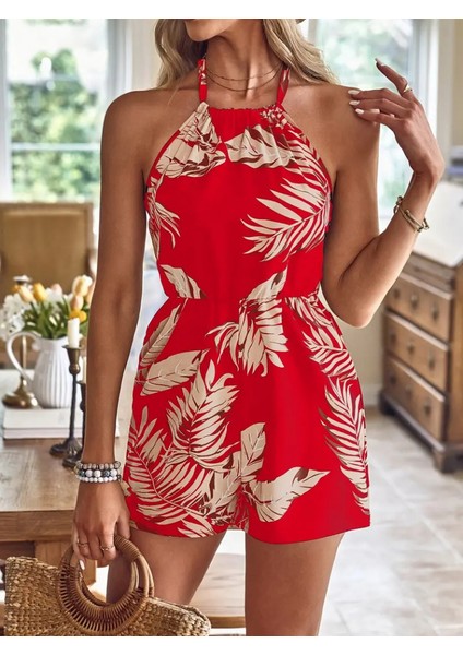 Kadın Boyundan Bağlamalı Yaprak Desenli Kısa Süprem Tulum fırsatları