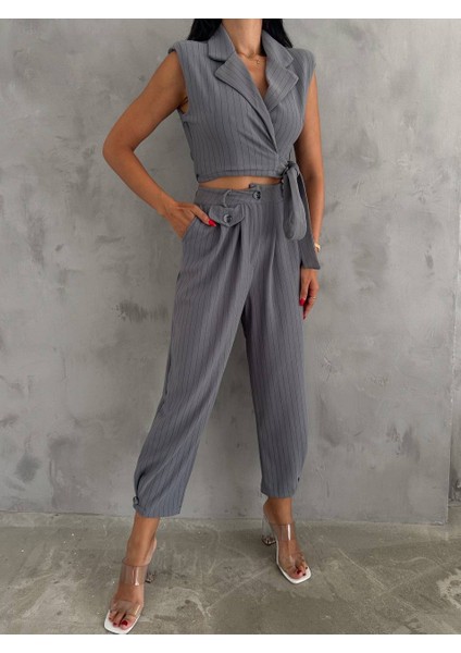 Kadın Örme Krep Kumaş Çizgi Desenli Kuşak Detaylı Ceket ve Pantolon Takım
