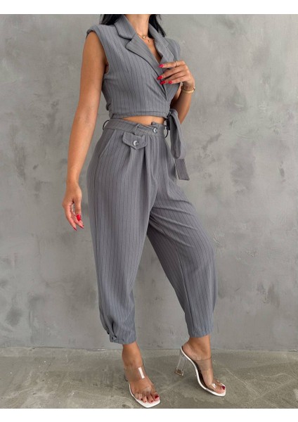 Kadın Örme Krep Kumaş Çizgi Desenli Kuşak Detaylı Ceket ve Pantolon Takım modelleri
