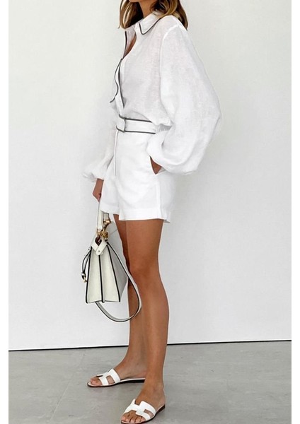 Kadın Flamlı Keten Kumaş Balon Kol Oversize Gömlek ve Şort Ikili Takım fiyatları