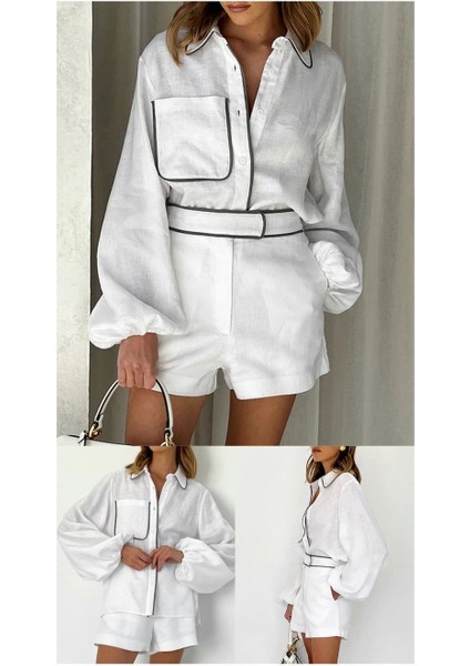 Kadın Flamlı Keten Kumaş Balon Kol Oversize Gömlek ve Şort Ikili Takım modelleri