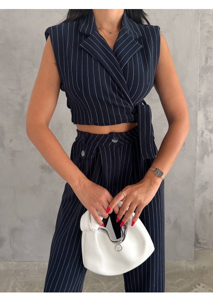 Kadın Örme Krep Kumaş Çizgi Desenli Kuşak Detaylı Ceket ve Pantolon Takım fiyatları