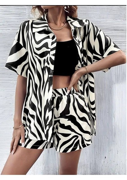 Kadın Zebra Desenli Pamuk-Polyester Kumaş Ikili Takım