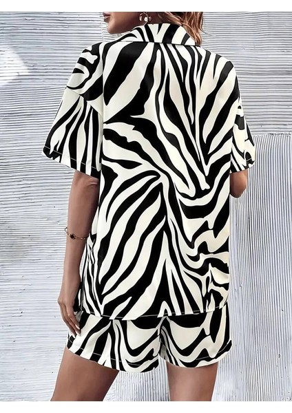 Kadın Zebra Desenli Pamuk-Polyester Kumaş Ikili Takım modelleri