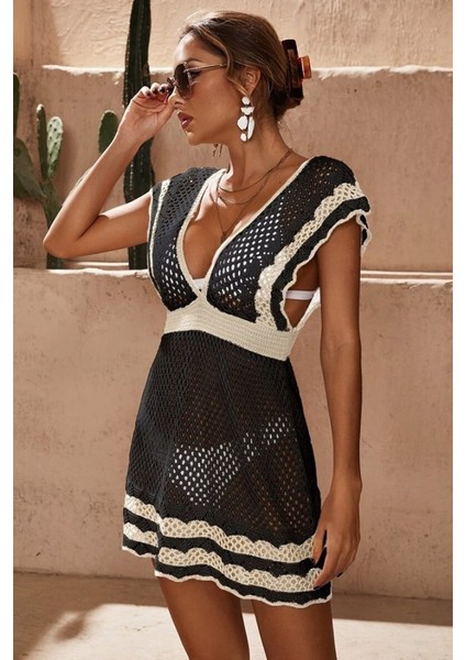 Kadın Derin V Yaka Çift Renkli Mini Triko Pareo