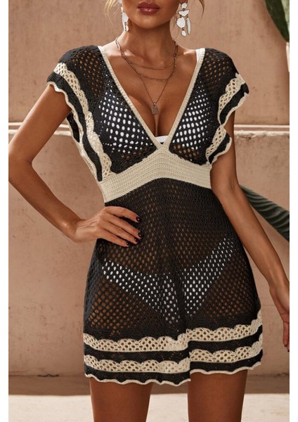 Kadın Derin V Yaka Çift Renkli Mini Triko Pareo modelleri