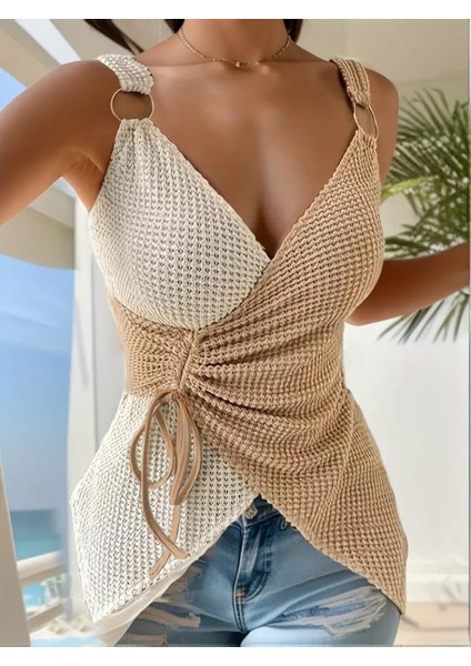 Kadın Askılı Halka Detay Çift Renk Asimetrik Triko Bluz fiyatları